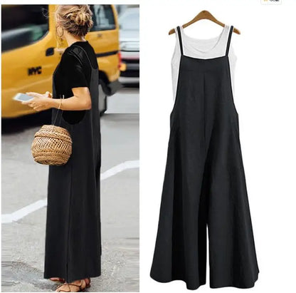 Women's Cotton Linen Wide Leg Jumpsuit Sleeveless Bib Overalls Casual Loose Summer Romper Plus Size 5XL