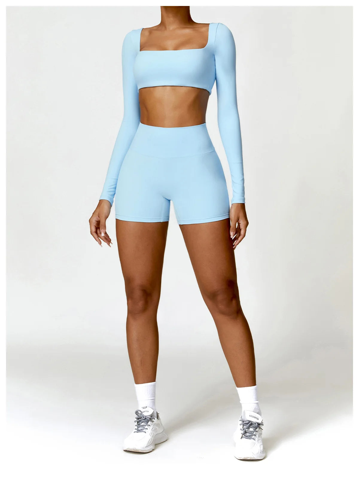 Women’s Square Neck Sports Crop Top – Long Sleeve Quick-Dry Gym Yoga Fitness Activewear