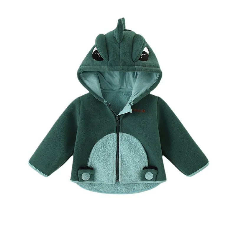 2025 Winter Baby Boys Fleece Hooded Jackets for Kids Cartoon Dinosuar Coats Autumn Girls Plus Velvet Zipper Outerwear Jacket