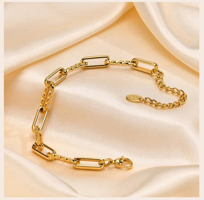 18K Gold Plated Stainless Steel Paperclip Chain Bracelet – Adjustable Twist Link Chunky Stackable Bracelet for Women