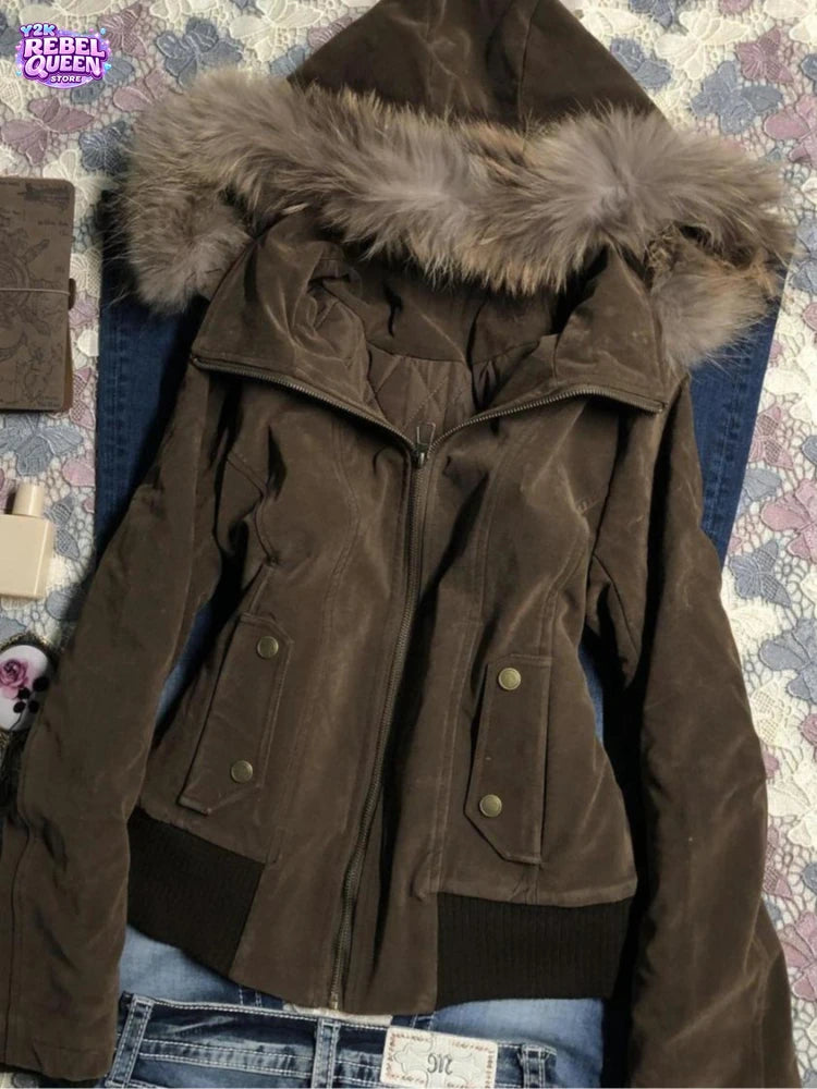 Women’s American Vintage Harajuku Jacket – Brown Fur Collar Hooded Short Coat, Gothic Winter Streetwear & Casual Fashion Outerwear