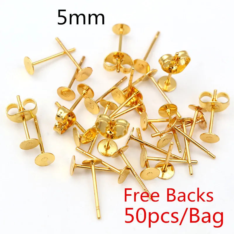 Clous de boucles d'oreilles en acier inoxydable doré, 50 à 100 pièces, avec attaches – Tiges de base vierges pour la fabrication de bijoux et boucles d'oreilles DIY