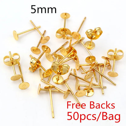 Clous de boucles d'oreilles en acier inoxydable doré, 50 à 100 pièces, avec attaches – Tiges de base vierges pour la fabrication de bijoux et boucles d'oreilles DIY