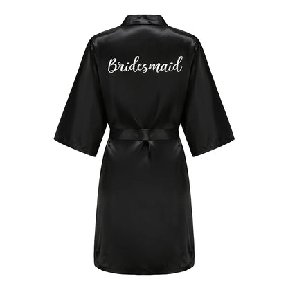 Women’s Black Satin Robe – Silky Kimono Bridal Wedding Bridesmaid Loungewear Dressing Gown