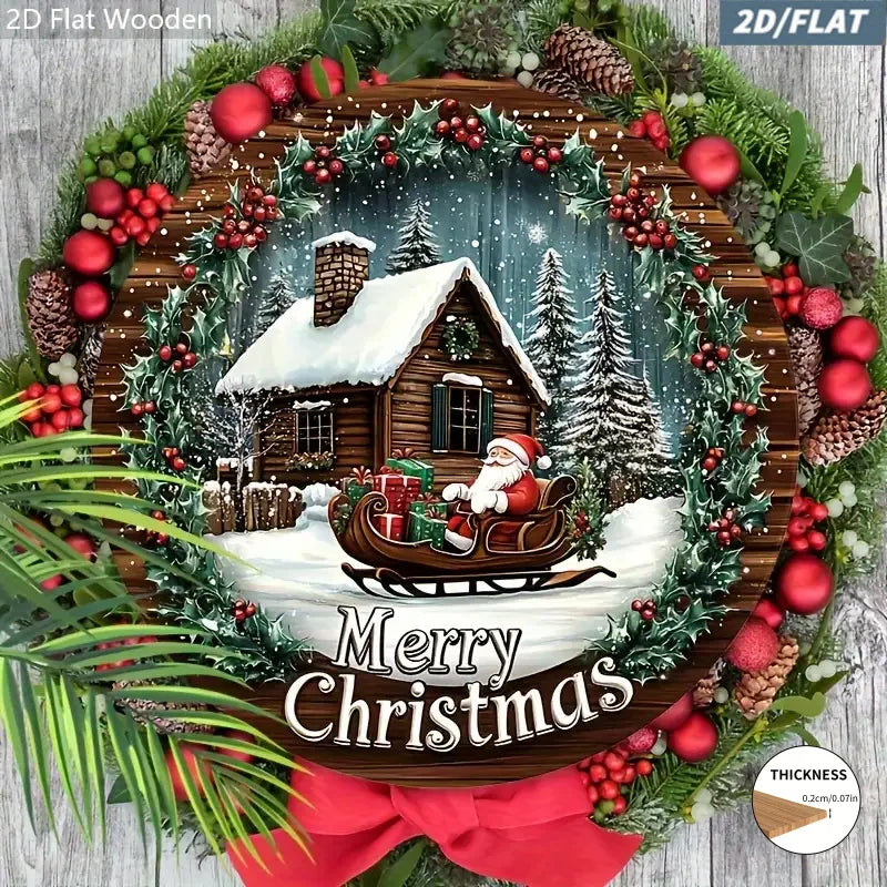 2D Wooden Christmas Wreath Sign – Embossed Santa Claus Sleigh Scene Door & Wall Decoration for Holiday Home Decor