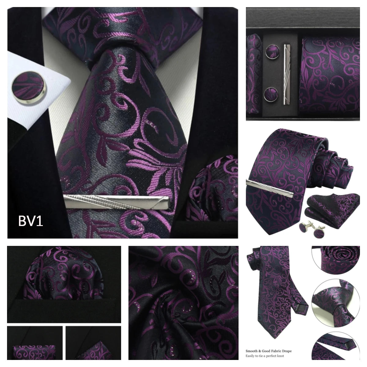 Corbata de seda 100% con diseño floral de Paisley para hombre con pañuelo de bolsillo, pasador de corbata y gemelos en caja de regalo