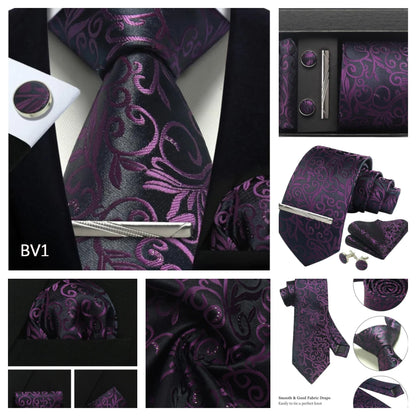 Corbata de seda 100% con diseño floral de Paisley para hombre con pañuelo de bolsillo, pasador de corbata y gemelos en caja de regalo