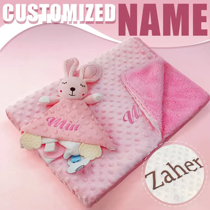 Couverture et doudou personnalisés avec prénom de bébé – Ensemble doux en minky à pois, 2-en-1, cadeau de naissance personnalisé pour garçons et filles