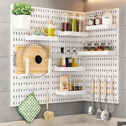 Organizador de pared de tablero perforado sin taladros – Panel de almacenamiento modular con estantes y accesorios para cocina, baño y sala de juegos
