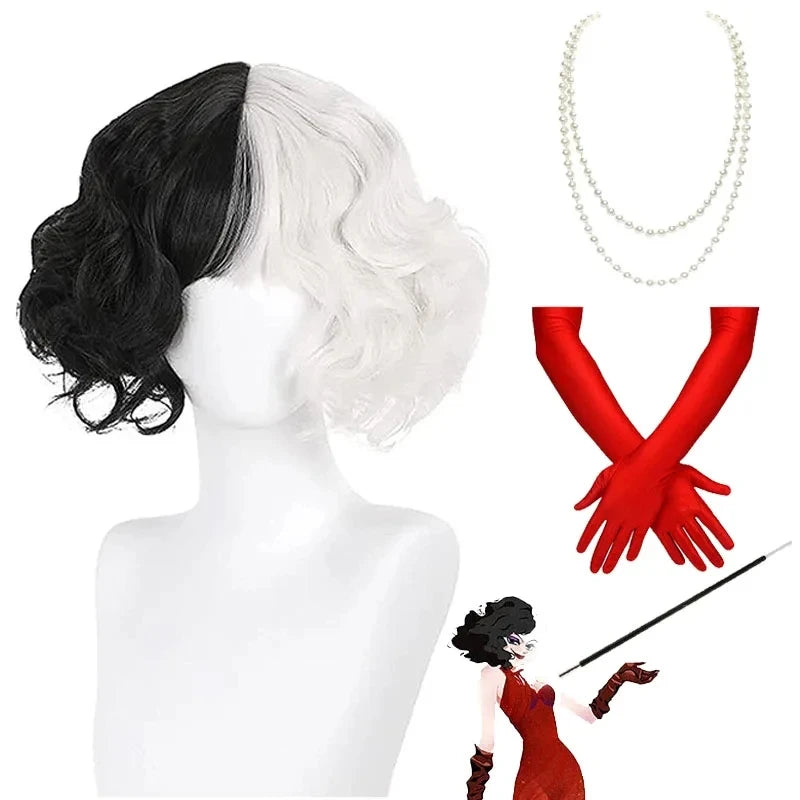 Cruella De Vil Halloween Cosplay Wig – Half Black Half White Short Curly Wig (Danganronpa Style)