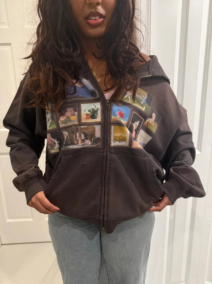 Sweat à capuche zippé marron rétro Y2K, coupe oversize, avec motif graphique pixelisé