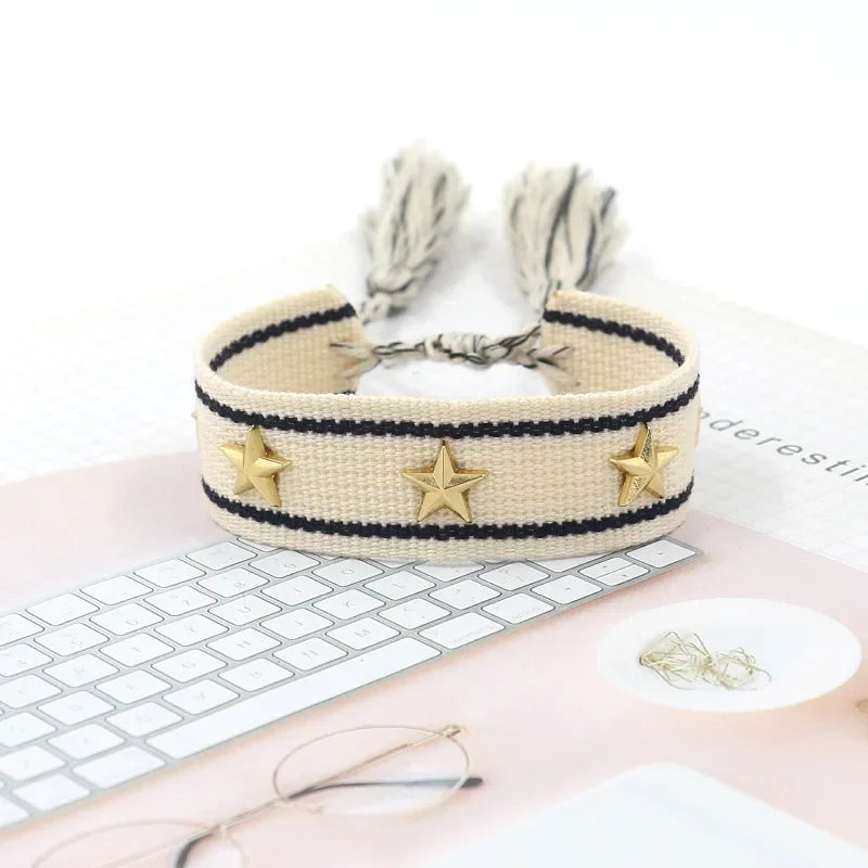 Bohemian Star Tassel Bracelet – Handmade Woven Alloy Gold Rivet Wrist Strap for Women | Ethnic Fashion Jewelry Gift