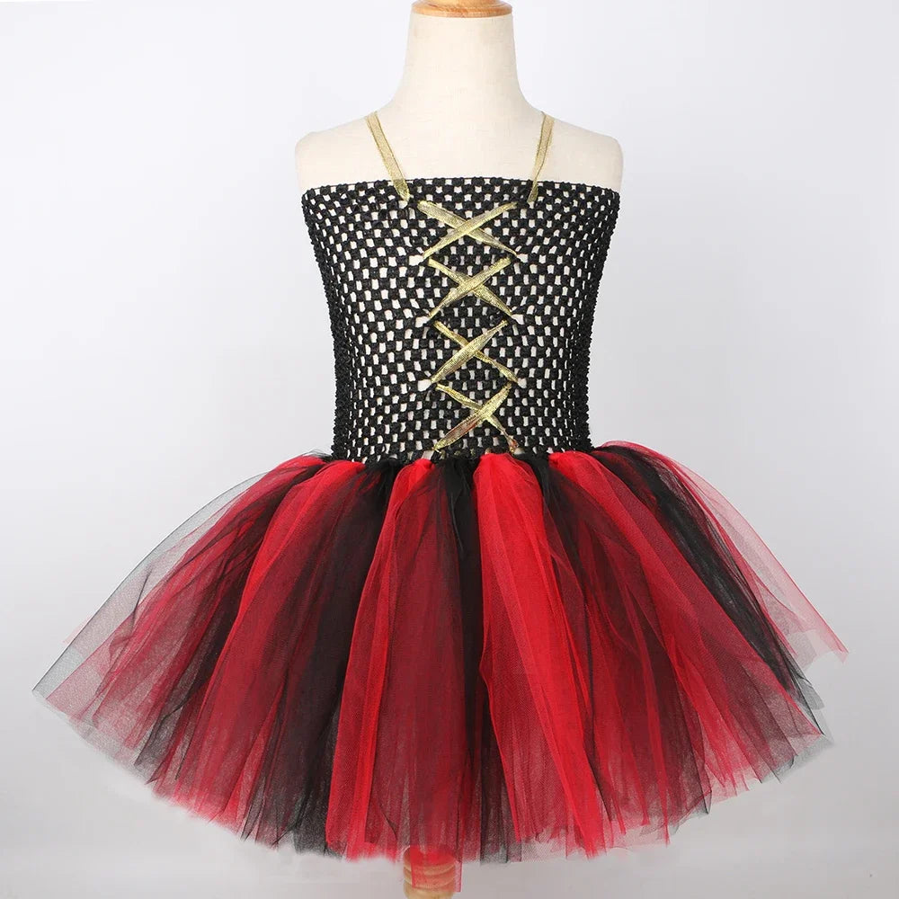 Girls' Pirate Costume Dress Black and Red Tulle Tutu Princess Outfit for Kids, Toddler Halloween Carnival Party Dress-Up Clothes