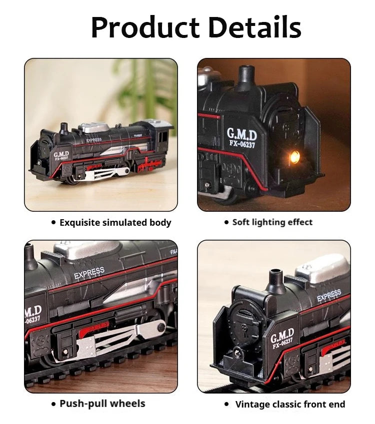 Retro Electric Freight Steam Train Toy Set – DIY Assembly Railway Track with Lights, Sound & Smoke Simulation, Children’s Gift