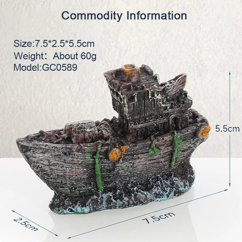 Retro Resin Ship Aquarium Ornament – Hollow Boat Fish Hiding Cave, Non-Toxic Fish Tank Decoration for Aquascaping & Underwater Landscaping