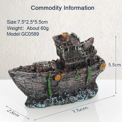 Retro Resin Ship Aquarium Ornament – Hollow Boat Fish Hiding Cave, Non-Toxic Fish Tank Decoration for Aquascaping & Underwater Landscaping