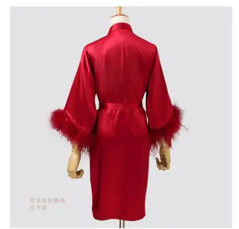 Women’s Feather Satin Robe – Bride Bridesmaid Wedding Kimono Bathrobe V-Neck Nightgown Lingerie