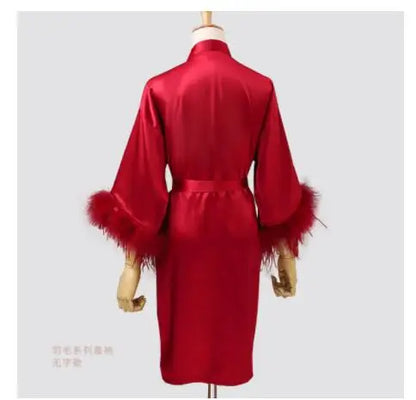 Women’s Feather Satin Robe – Bride Bridesmaid Wedding Kimono Bathrobe V-Neck Nightgown Lingerie