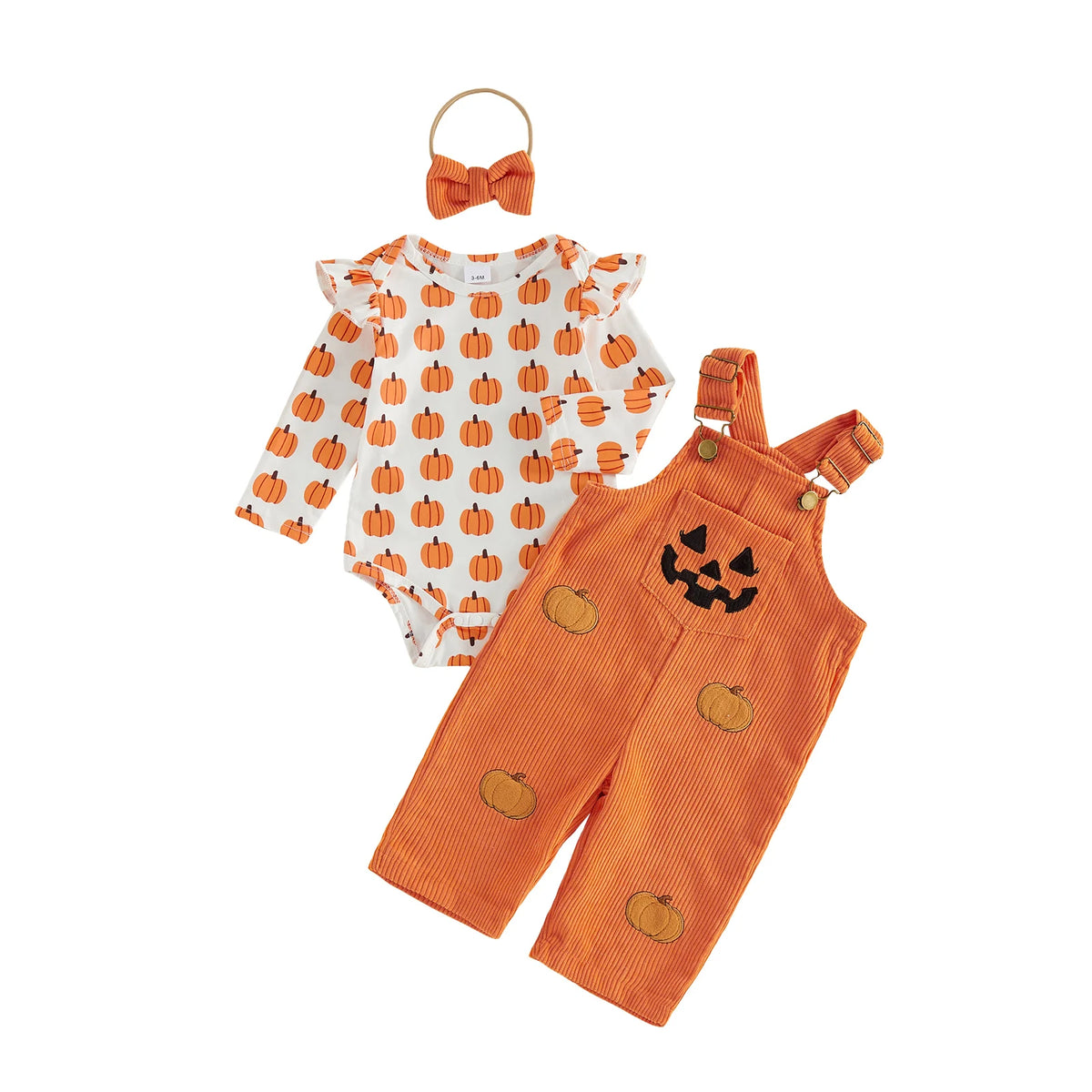 Toddler Girls 3-Piece Halloween Outfit – Long-Sleeve Striped Romper with Pumpkin & Ghost Embroidery, Overalls & Bow Headband