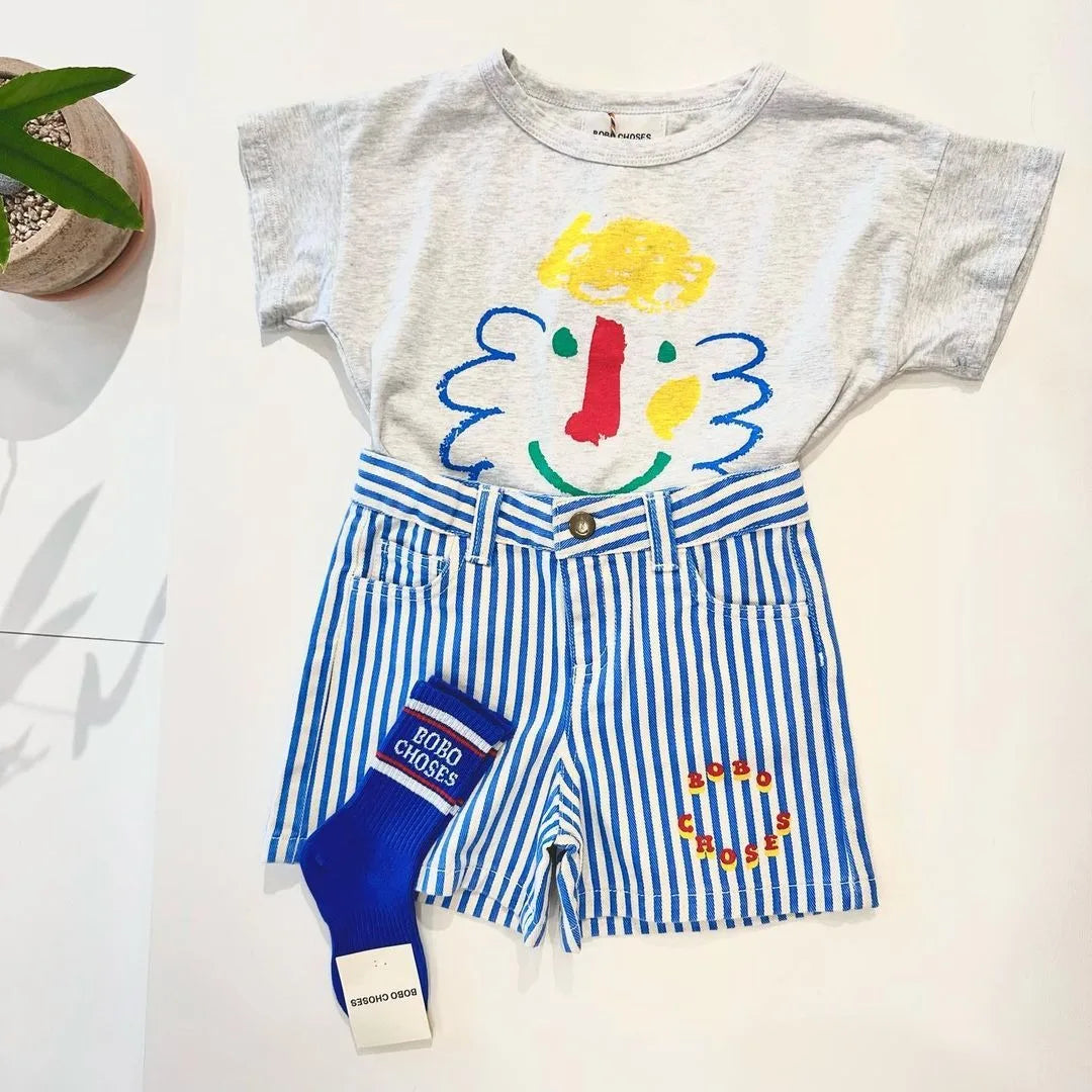 Camiseta de algodón con dibujos animados para niños 2025 – Top de manga corta estilo coreano de primavera-verano para bebés niños y niñas, ropa exterior informal para uso diario.