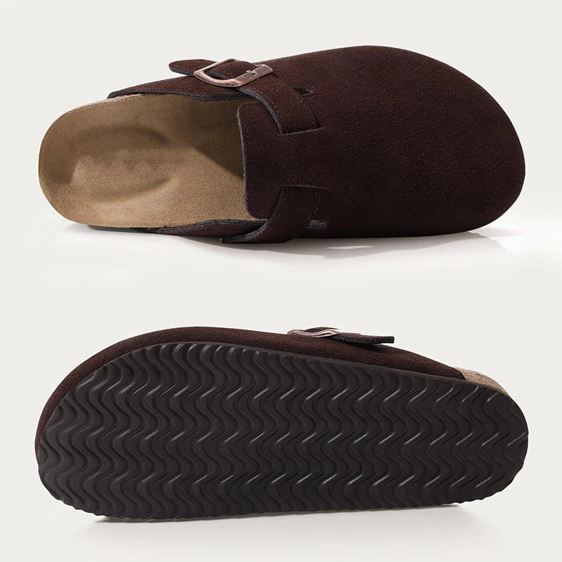 Kidmi Zuecos de ante de vaca para mujer y hombre, mules con plantilla de corcho, correa ajustable y soporte para el arco del pie