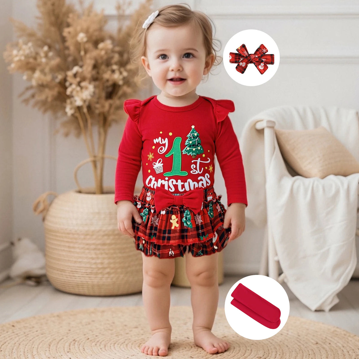 My First Christmas Baby Girl Outfit – Newborn Xmas Romper with Ruffle Tutu Skirt & Headband, Cute Holiday Dress