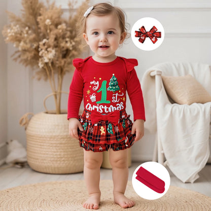 My First Christmas Baby Girl Outfit – Newborn Xmas Romper with Ruffle Tutu Skirt & Headband, Cute Holiday Dress
