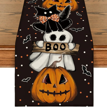 Halloween Table Runner with Ghost, Pumpkin and Black Cat Pattern, Spooky Dining Table Decor, Halloween Kitchen Tablecloth, Sideboard and Dresser Decoration, Festive Home Party Ornament