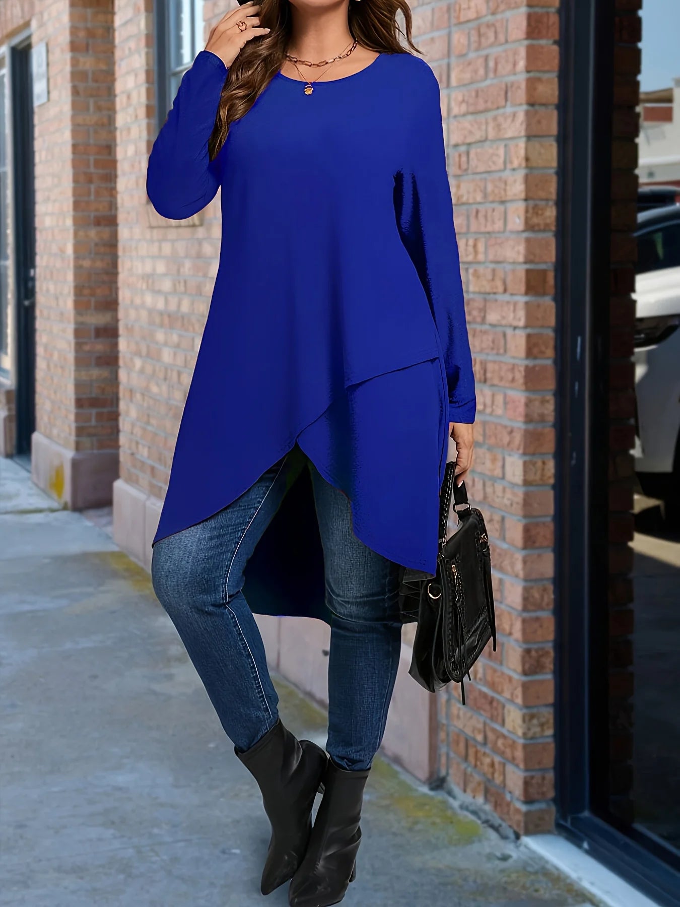 Plus Size Women's Asymmetrical Hem Long Sleeve Top – Elegant Round Neck Solid Color Casual Pullover Shirt