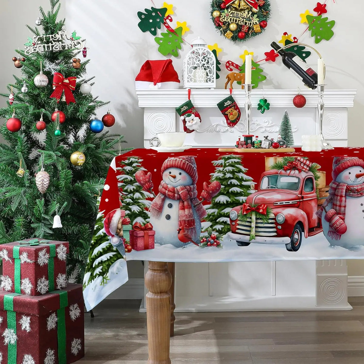 Christmas Snowman Truck Tablecloth – Xmas Tree & Winter Snowflake Dining Table Cover for Kitchen, Home & Holiday Decor