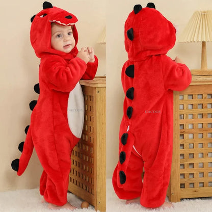 Halloween Dinosaur Baby Romper – Warm Fleece Hooded Kigurumi Pajamas & Animal Jumpsuit for Baby Boys & Girls, Cozy Winter Costume 0-4T