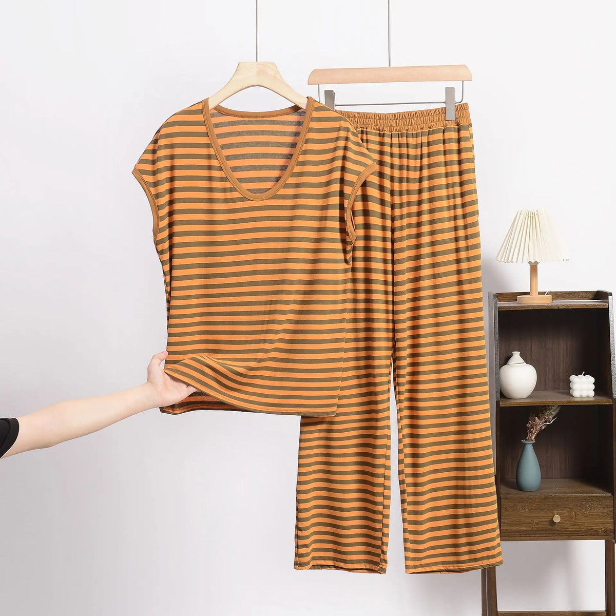 XL-8XL Plus Size Modal Pajama Set – 2PCS Short-Sleeve Striped T-Shirt & Pants, Lightweight Summer Loungewear for Home & Sleep