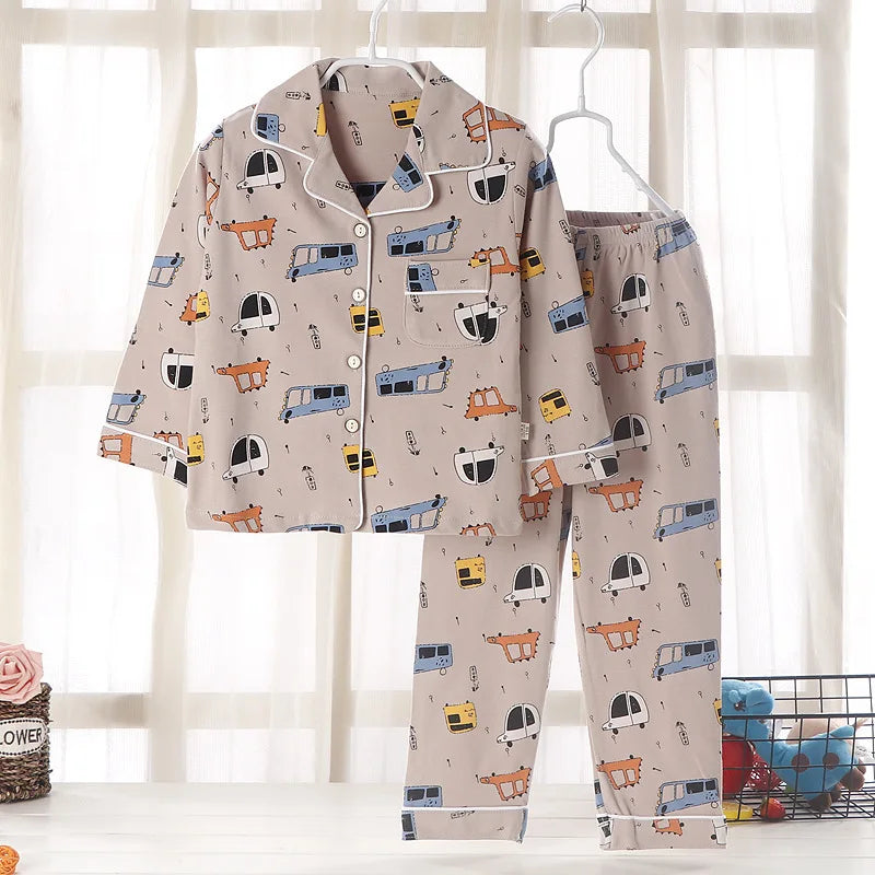Kids' Cotton Pajama Set – Soft Cartoon Print Long-Sleeve Lapel Sleepwear for Boys & Girls, Comfortable Loose Spring Nightwear