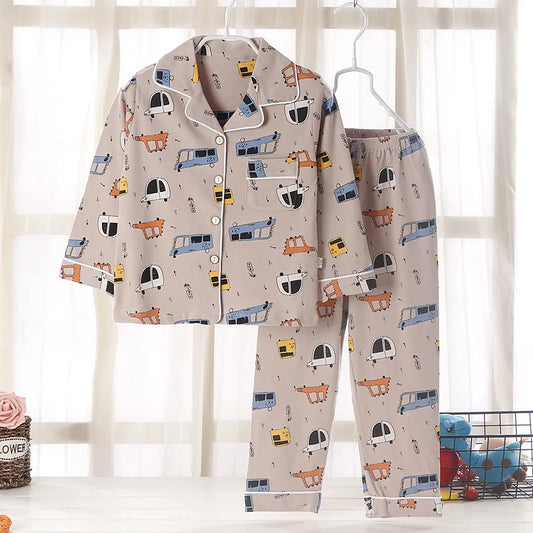 Kids' Cotton Pajama Set – Soft Cartoon Print Long-Sleeve Lapel Sleepwear for Boys & Girls, Comfortable Loose Spring Nightwear