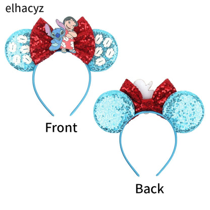 Diadema de orejas de Mickey Mouse de Lilo & Stitch – Lazo de lentejuelas de 5" Accesorio para el cabello de dibujos animados para mujeres y niñas | Diadema para fiestas y festivales
