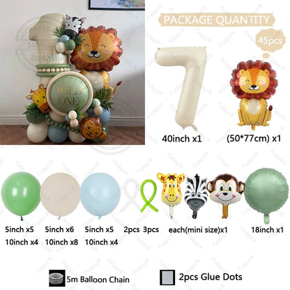 45PCS Jungle Animal Balloon Set – Lion & Giraffe Cream White Number Balloons for Birthday Party Decorations | Safari Theme Celebration Supplies
