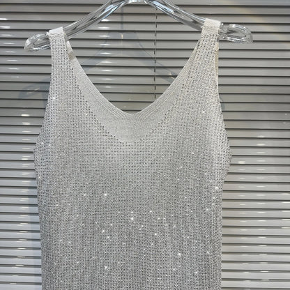Women's Summer V-Neck Rhinestone Tank Top – Loose Sleeveless Bling Top with Sparkly Diamond Embellishments