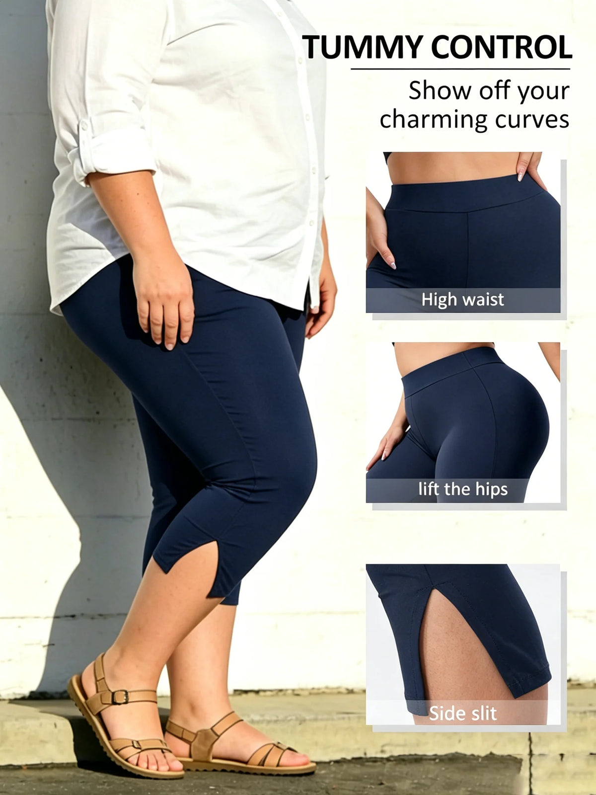 Women's Plus Size Capri Leggings XL-5XL – High-Waist Stretch Yoga & Workout Pants with Split Hem, Comfortable Cropped Activewear