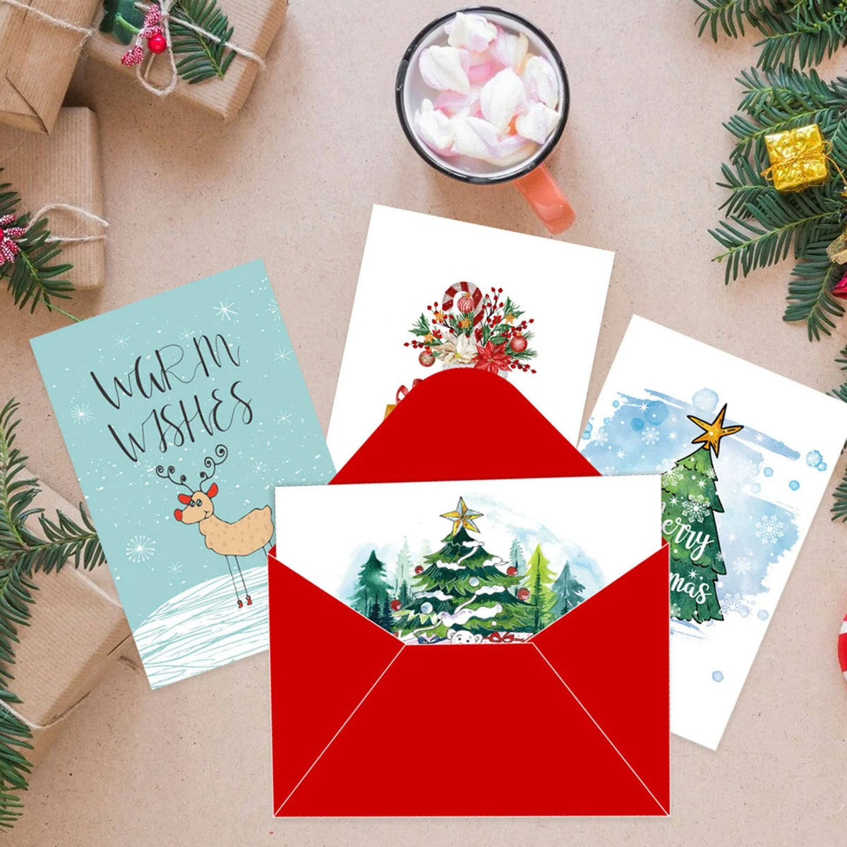 10PCS Christmas Fold Greeting Cards with Envelopes – Merry Christmas & New Year DIY Gift Cards for Xmas Party Decor