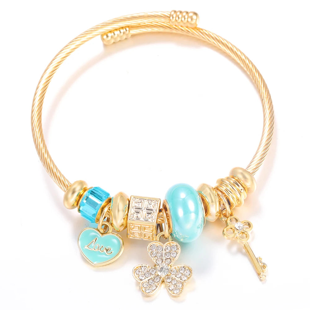 Pulsera con colgante de corazón y cuentas – Pulsera de abalorios de acero inoxidable de 4 colores para mujer | Regalo de joyería de moda dorada de tendencia
