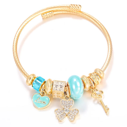 Pulsera con colgante de corazón y cuentas – Pulsera de abalorios de acero inoxidable de 4 colores para mujer | Regalo de joyería de moda dorada de tendencia