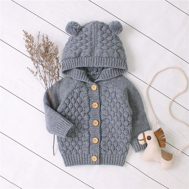 Baby Knitted Hooded Sweater Coat 0-24 Months, Unisex Infant Thermal Long Sleeve Solid Color Sweater for Boys and Girls