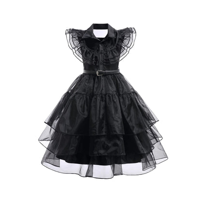 Girls’ Wednesday Addams Cosplay Costume Dress – Gothic Mesh Party Dress for Kids, Halloween Carnival Dress-Up Outfit, Ages 4–12