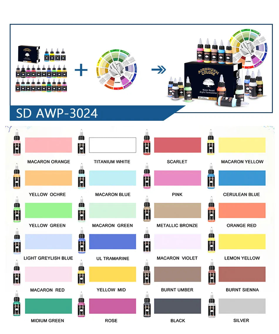 Airbrush Paint Set – 12/24 Colors Water-Based Acrylic Spray Paint (30ml) for DIY Nails, Model & Art Painting Kit