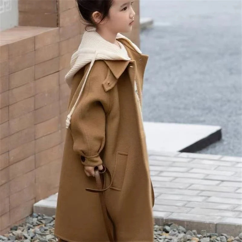Girls Tweed Jacket, Medium-Length Hooded Coat for Kids, Warm Single-Breasted Autumn and Spring Overcoat, Casual Windbreaker Outerwear