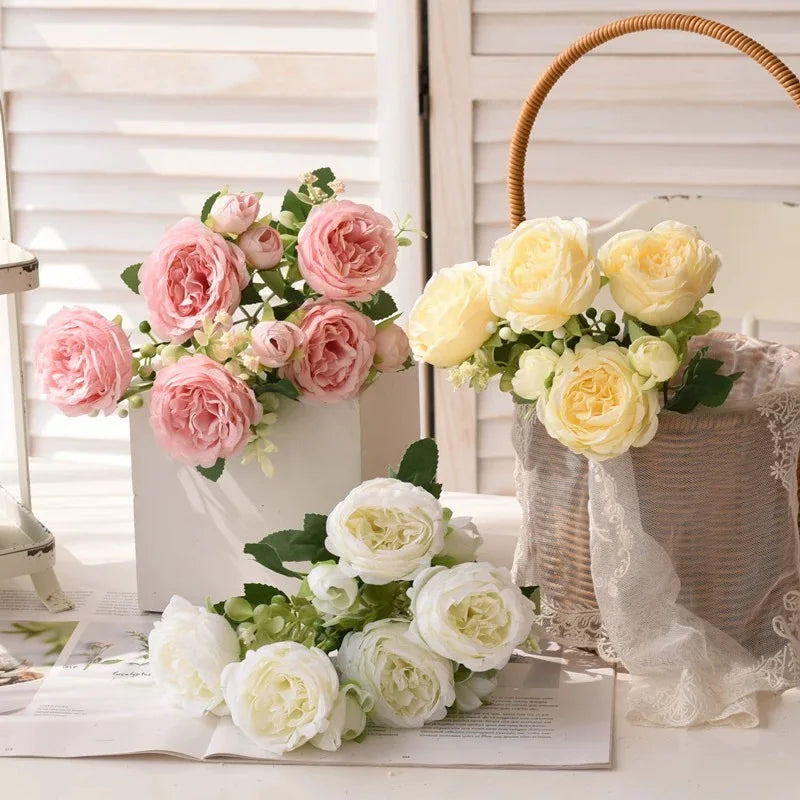 30cm Pink Silk Peony Rose Bouquet – Artificial Flower Arrangement with 5 Large Blooms & 4 Buds, Realistic Faux Floral Bouquet for Wedding, Bridal Décor, Home Decoration & DIY Crafts