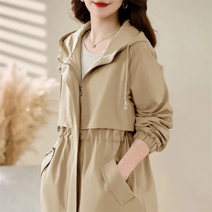 Women’s Camel Military-Style Trench Coat – Slim-Fit Hooded Jacket, Minimalist Casual Outerwear for Spring & Autumn