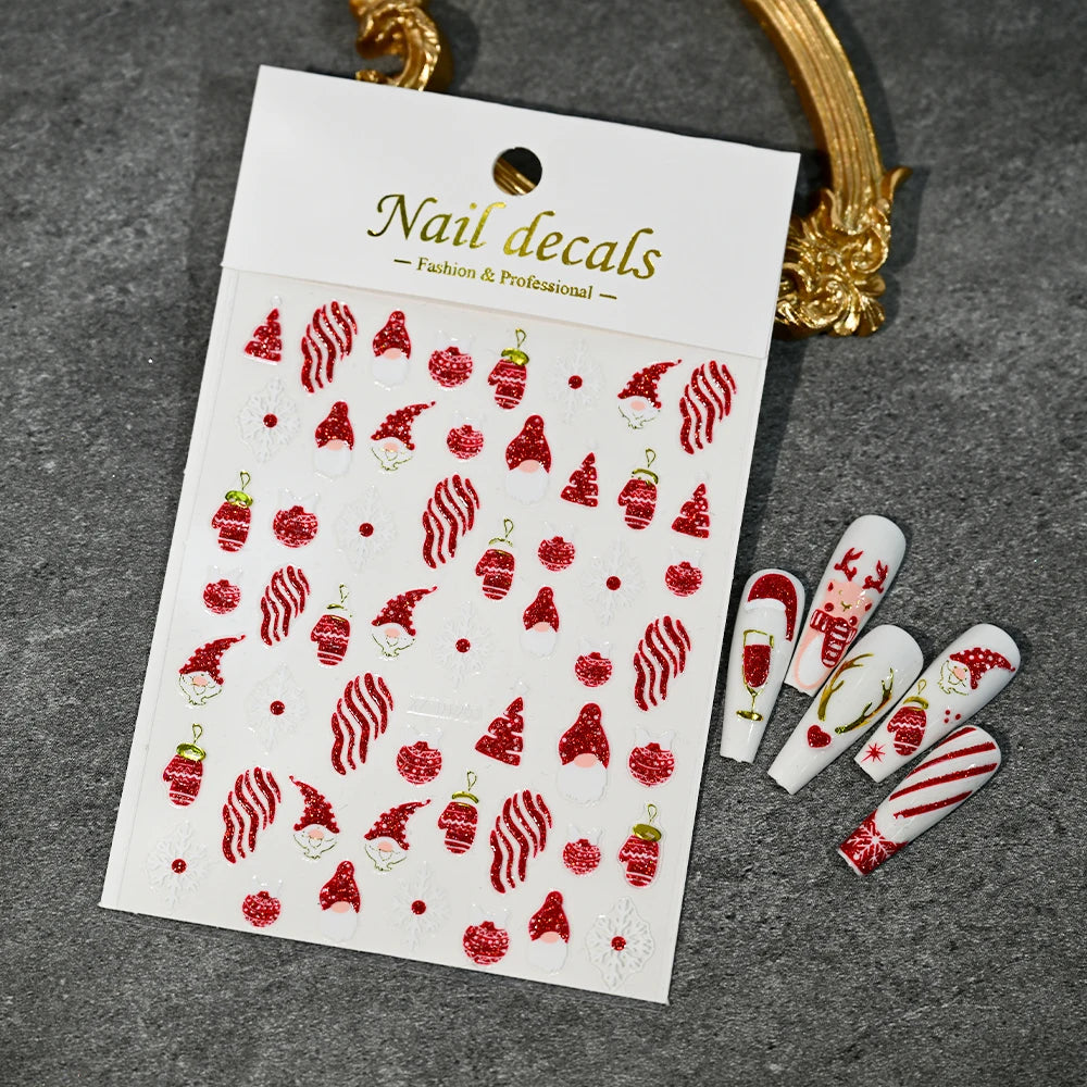 Christmas Nail Art Stickers – Red Glitter Snowflake, Elk & Snowman Self-Adhesive Holiday Manicure Decals (1–12pcs)