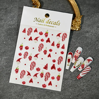 Christmas Nail Art Stickers – Red Glitter Snowflake, Elk & Snowman Self-Adhesive Holiday Manicure Decals (1–12pcs)