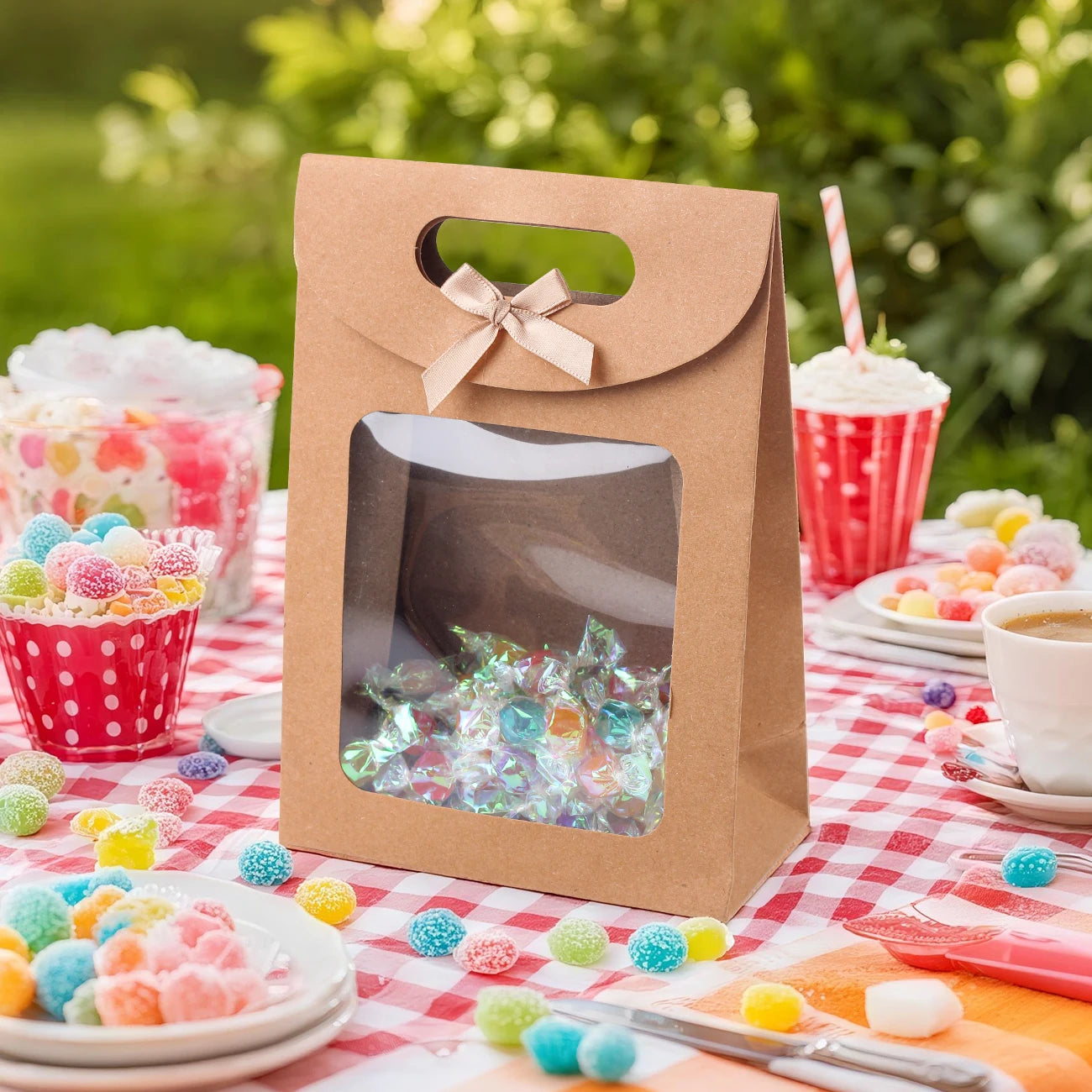 6/12 Bolsas de regalo de papel kraft con ventana para galletas, dulces, recuerdos de boda, regalos de Navidad y embalaje de fiesta reutilizable